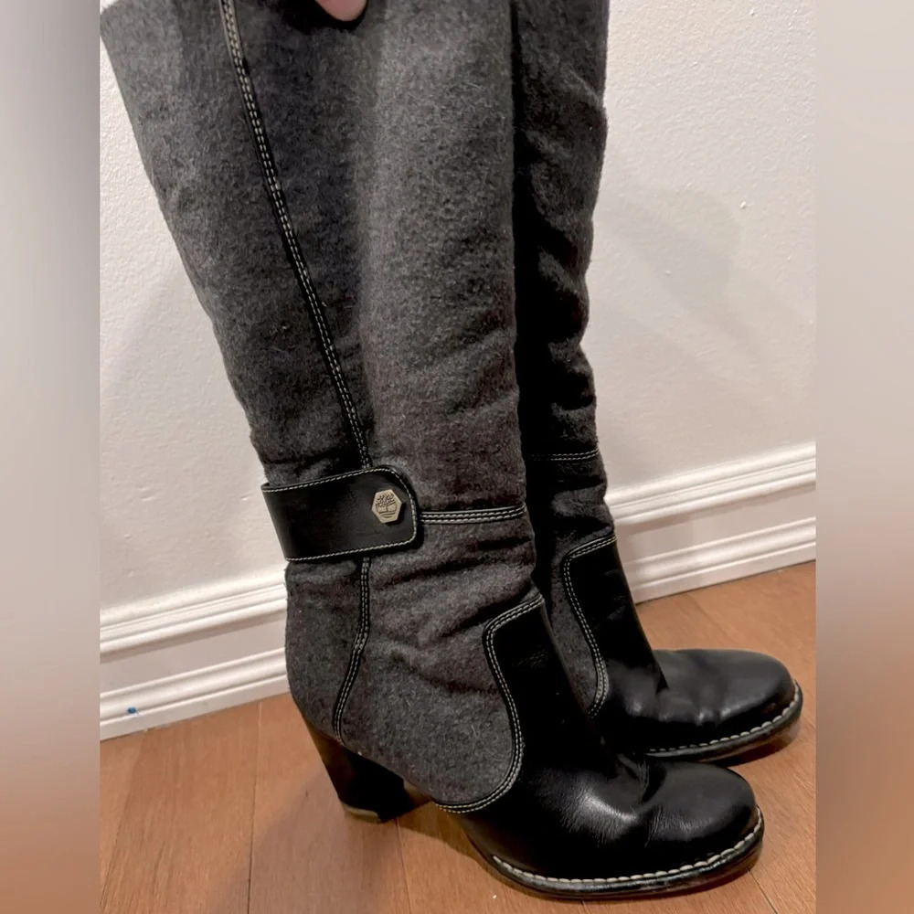 Timberland leather tall boots heels knee high black gray chunky street zipper 7